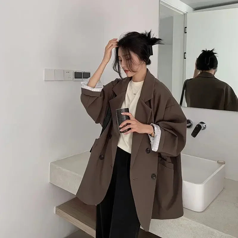 Vintage Blazer for Dame – Løs Dobbelspent Dressjakke med Lange Ermer | Elegant & Trendy Høststil 2025