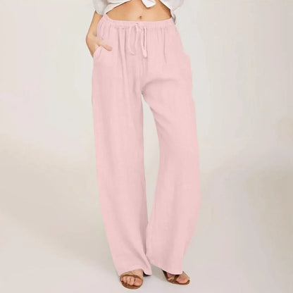 Women's Linen Wide Leg Trousers Elastic Waist Drawstring High Waisted Pants