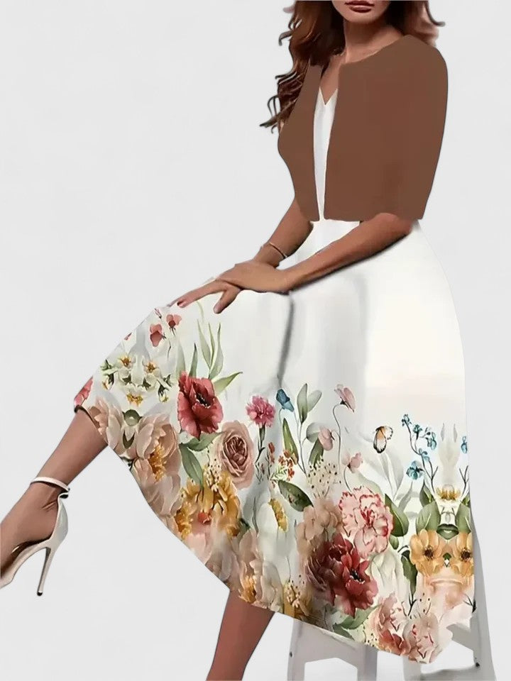 Women's Floral Midi Dress 3/4 Sleeve A-Line Occasion Dress