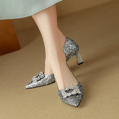 Stella | Women's Glitter Block Heel Pumps Pointed Toe Crystal Buckle