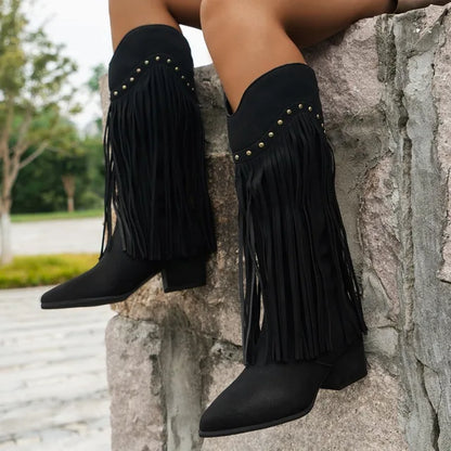Suede Tassel Western Boots with Studded Detailing for Spring