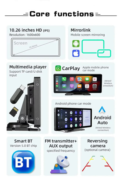 Universeller 10,26-Zoll (26,06 cm) Auto-Multimedia-Player mit kabellosem CarPlay und Android Auto