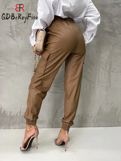 New in Women PU Leather Pants Autumn Winter Casual Loose Trousers with Pocket Korean Joggers Black Harem Pants Women Streetwear