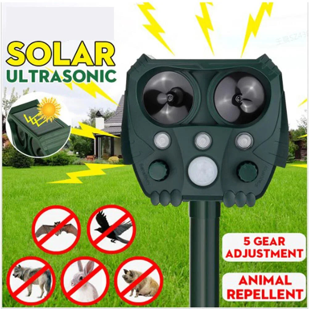 Solarladet Ultrasonisk Dyreafskræmper med PIR-sensor og blinkende lys – GuardPet