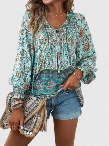 Maya | Women's Boho Floral Long Sleeve Peasant Top