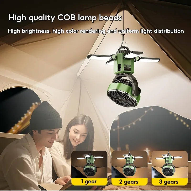 Solar Camping Fan mit 6000mAh Batterie, LED Licht & 4-Geschwindigkeits-Kühlung – SunBreeze