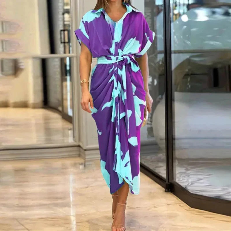 Robe femme midi imprimée ceinturée col chemise manches courtes élégante chic