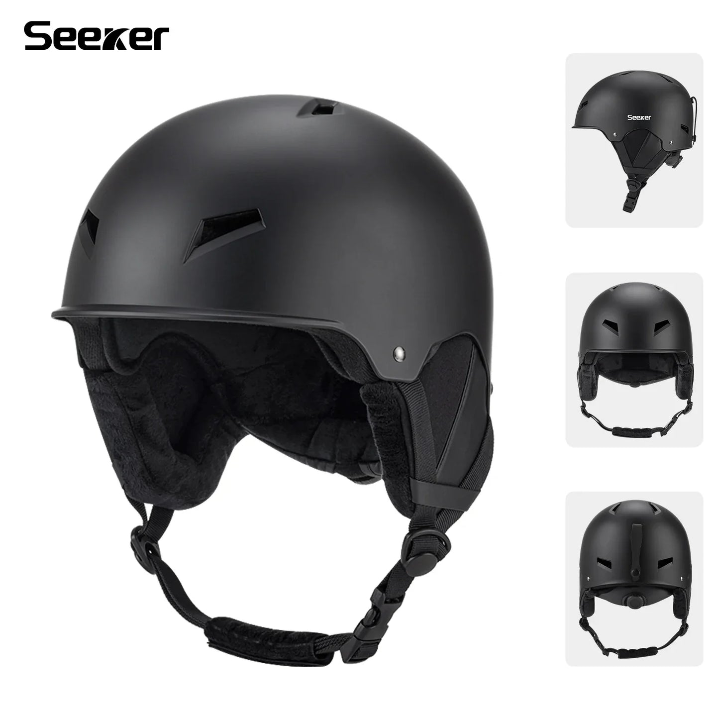 Sort skihjelm fra Seeker med justerbar rem og ventilationsåbninger. Perfekt til vintersport, sikkerhed og komfort. Fås i flere vinkler.