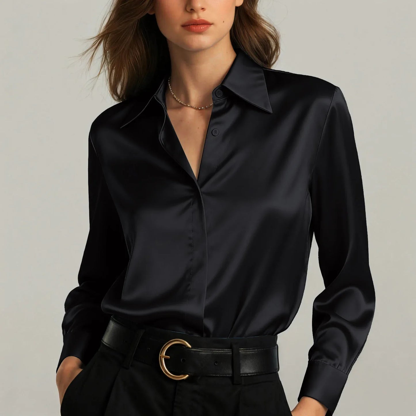 Ariadne - Damen Satin Seiden Bluse Button Down Office Top