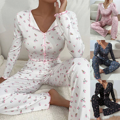 Women’s Floral Ribbed Pajama Set – Long Sleeve V-Neck Two-Piece Sleepwear