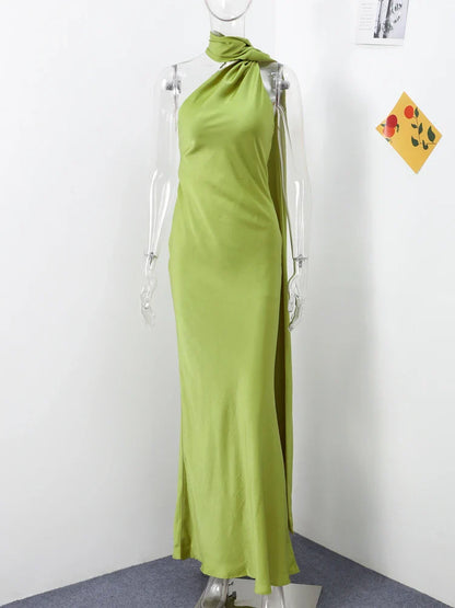 Elegant Ribbon Halter Dress Women Solid Off Shoulder Sleeveless Backless Slim Maxi Dresses 2025 Summer Autumn Party Robes Lady