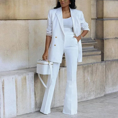 Women’s Double-Breasted Blazer – Elegant Tailored Fit with Flared Hem