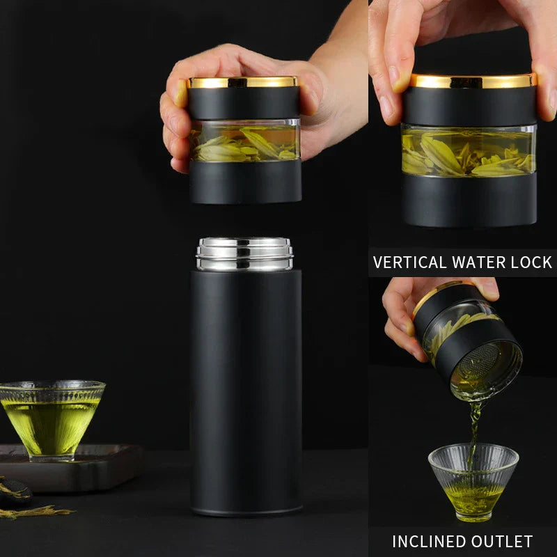 ThermoBrew | Isolerende fles met LED-temperatuurindicator & theefilter | 450 ml | Roestvrij staal 304 | Zwart