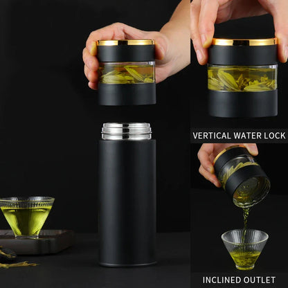 ThermoBrew | Isolerende fles met LED-temperatuurindicator & theefilter | 450 ml | Roestvrij staal 304 | Zwart