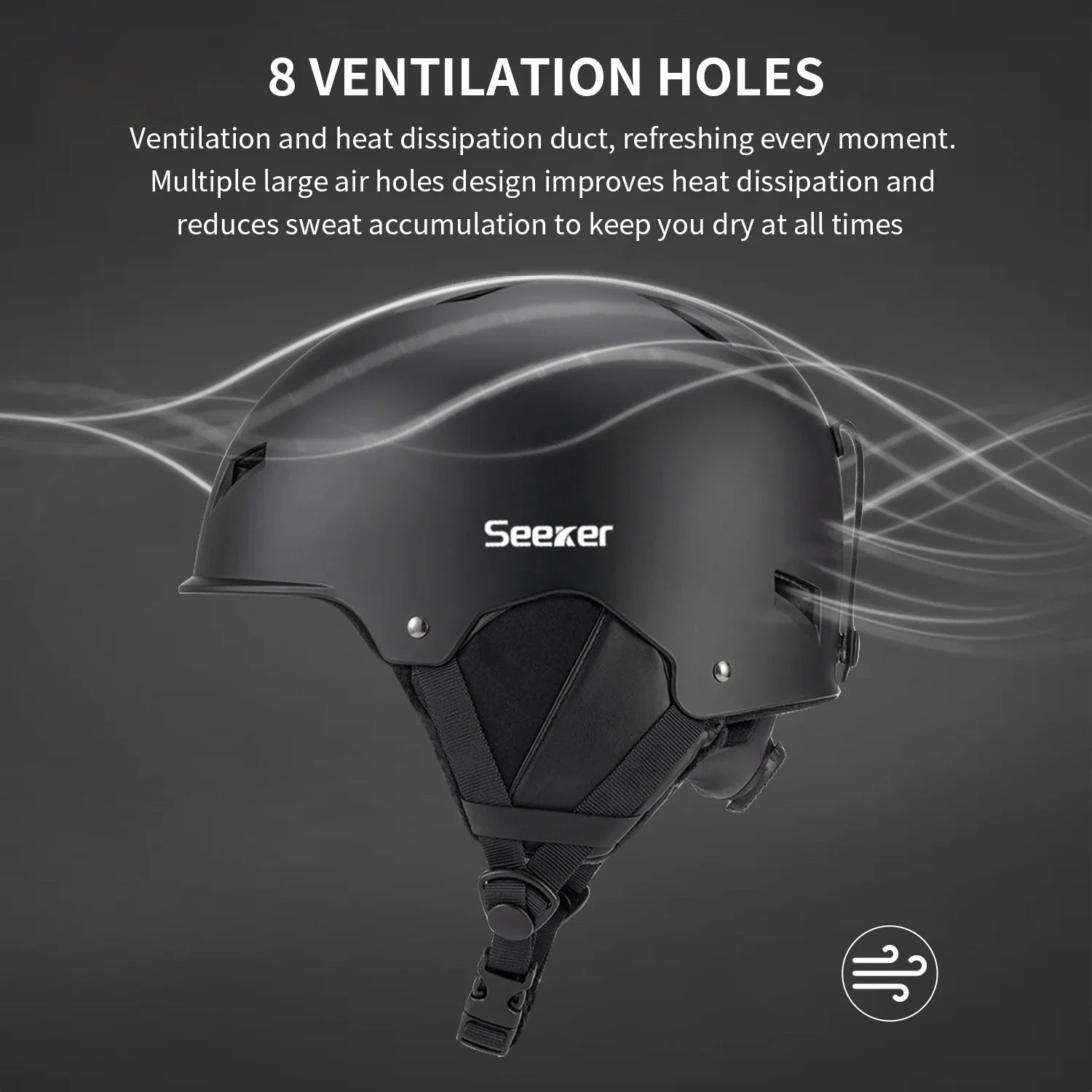 Sort cykelhjelm med 8 ventilationshuller, mærket Seeker. Designet forbedrer varmeafledning og reducerer sved, hvilket holder dig tør og komfortabel.