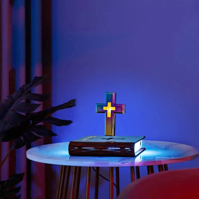 Handcrafted Heavenly Decor Levitating Cross & Divinely Illuminated Bible
