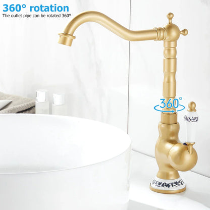 Antyczna Mosiądzowa Bateria Kuchenna z Ceramiczną Dźwignią – 360° Obrotowa | Tradycyjny Design