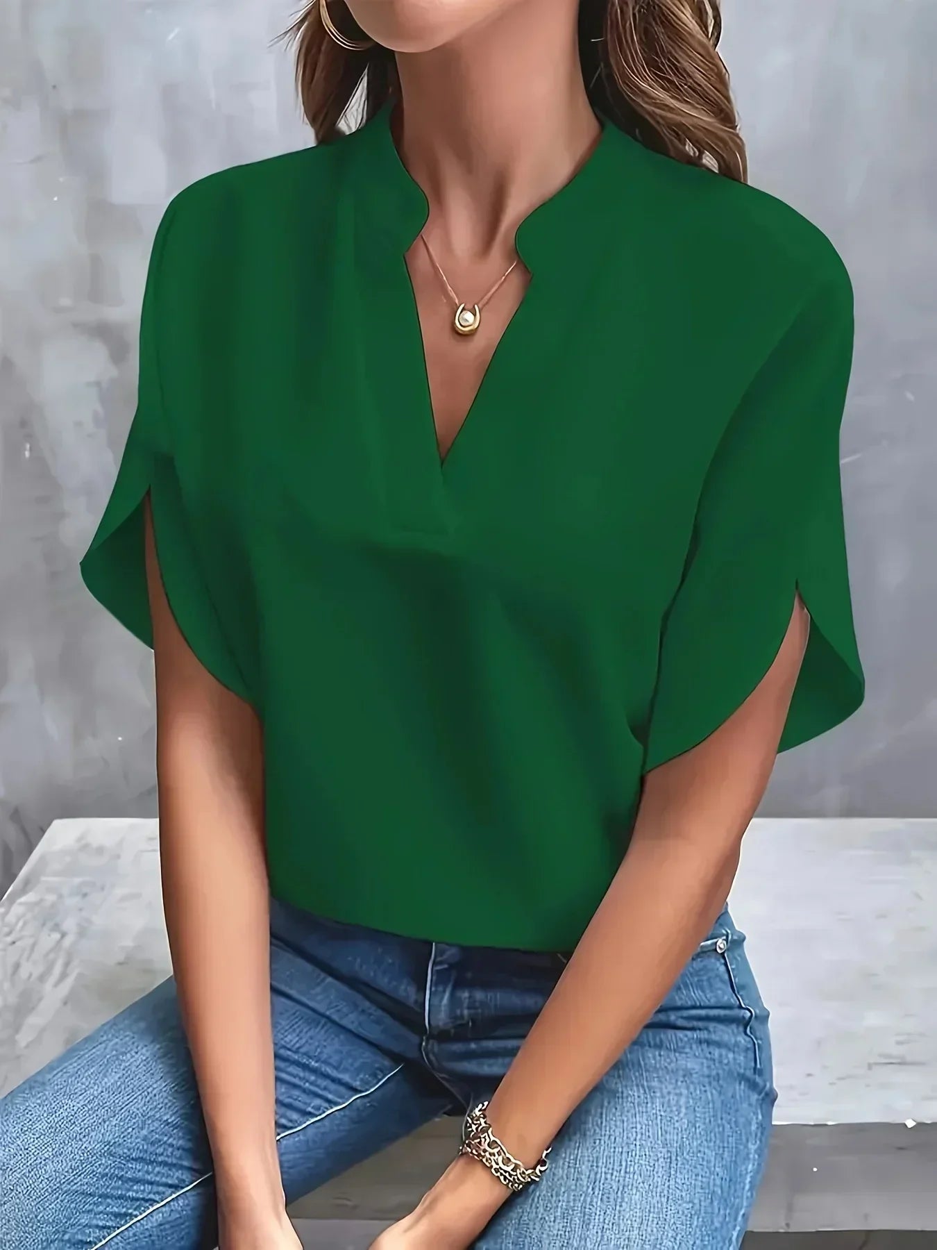 Women Elegant Split Sleeve V Neck Blouse
