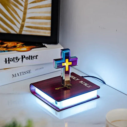 Handcrafted Heavenly Decor Levitating Cross & Divinely Illuminated Bible
