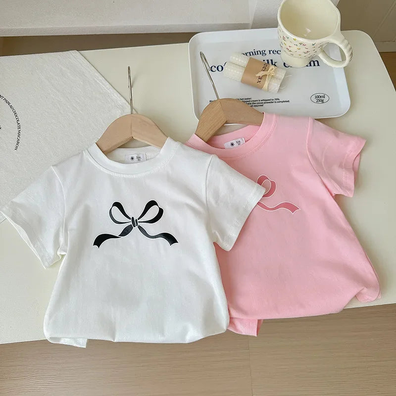 T-shirt Tops Baby Casual Korean Version of the Spring and Summer Girls Short Sleeve T-shirt Bow Children's