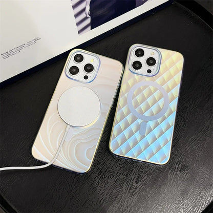 Luxury Feather Laser Aurora Magsafe Case for iPhone 15 16 14 11 12 13 Pro Max Acrylic Armor PC Shockproof Cover for iPhone 15Pro