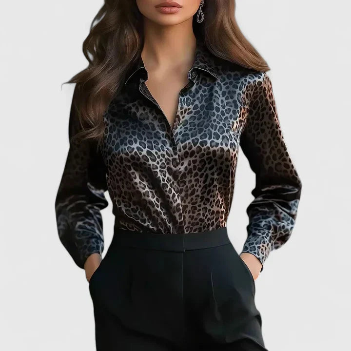 Velmira | Damska Casual Satynowa Bluzka w Print Leopard