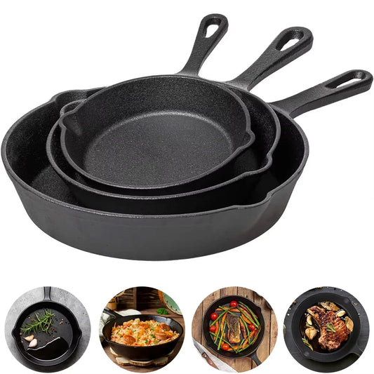 Gietijzeren Koekenpannenset 3-delig 16-20-26cm Inductie Gasfornuis Ongecoat Braadpan Omeletpan Roerbakpan Zwart | Restfield