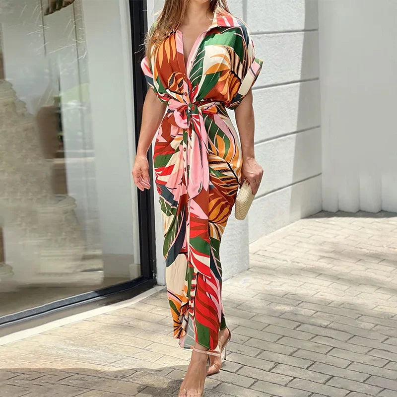 Robe femme midi imprimée ceinturée col chemise manches courtes élégante chic