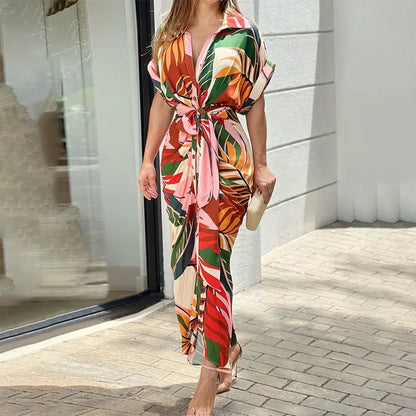 Robe femme midi imprimée ceinturée col chemise manches courtes élégante chic