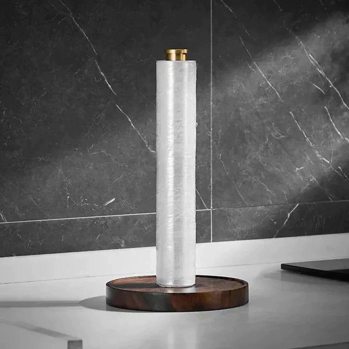 Keukenrolhouder Walnoot Hout Goud RVS 27cm Aanrecht | Keukenpapier Houder Staand Luxe Keuken | Restfield