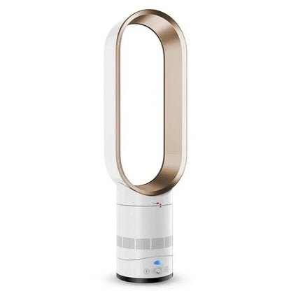 Ventilateur sans pales blanc et or, design moderne, technologie avancée, idéal pour rafraîchir les espaces intérieurs avec efficacité et style.
