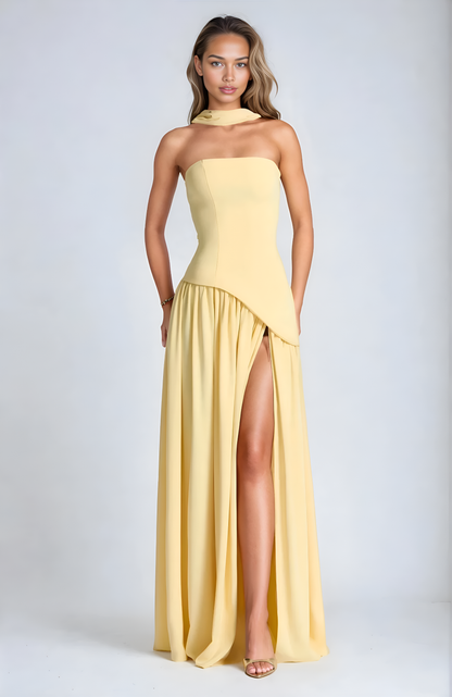 VESTIDO LARGO ASIMÉTRICO CUELLO HALTER - Veska 