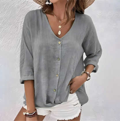 Women's Linen Blouse V Neck 3/4 Sleeve Shirt Casual Button Down Tunic Tops