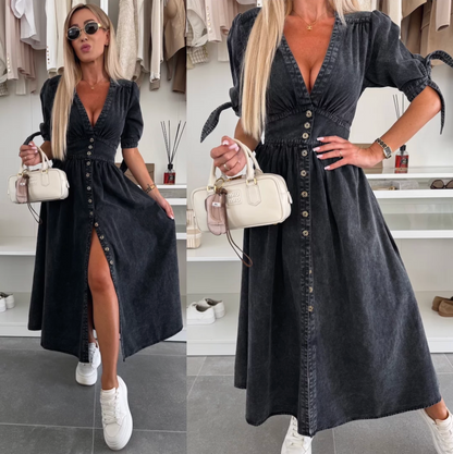 Robe Midi Femme en Jean Boutonnée Col V pour Style Élégant et Féminin