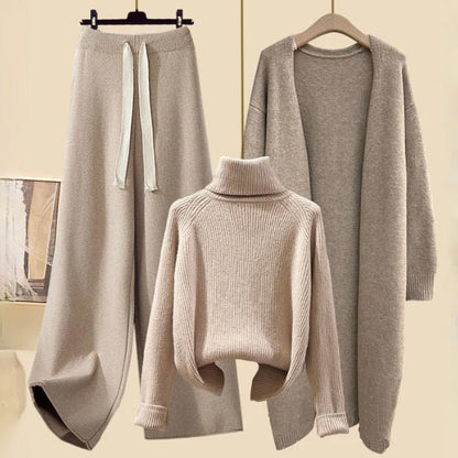 Women’s Three-Piece Knit Lounge Set | Wide-Leg Drawstring Pants & Cropped Turtleneck | Long Cardigan | Comfortable Fit