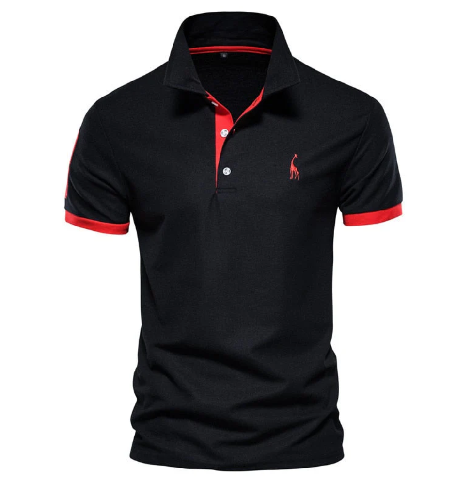 Schwarzes Polohemd mit rotem Kragen und Logo, Herrenmode, Baumwolle, Kurzarm.