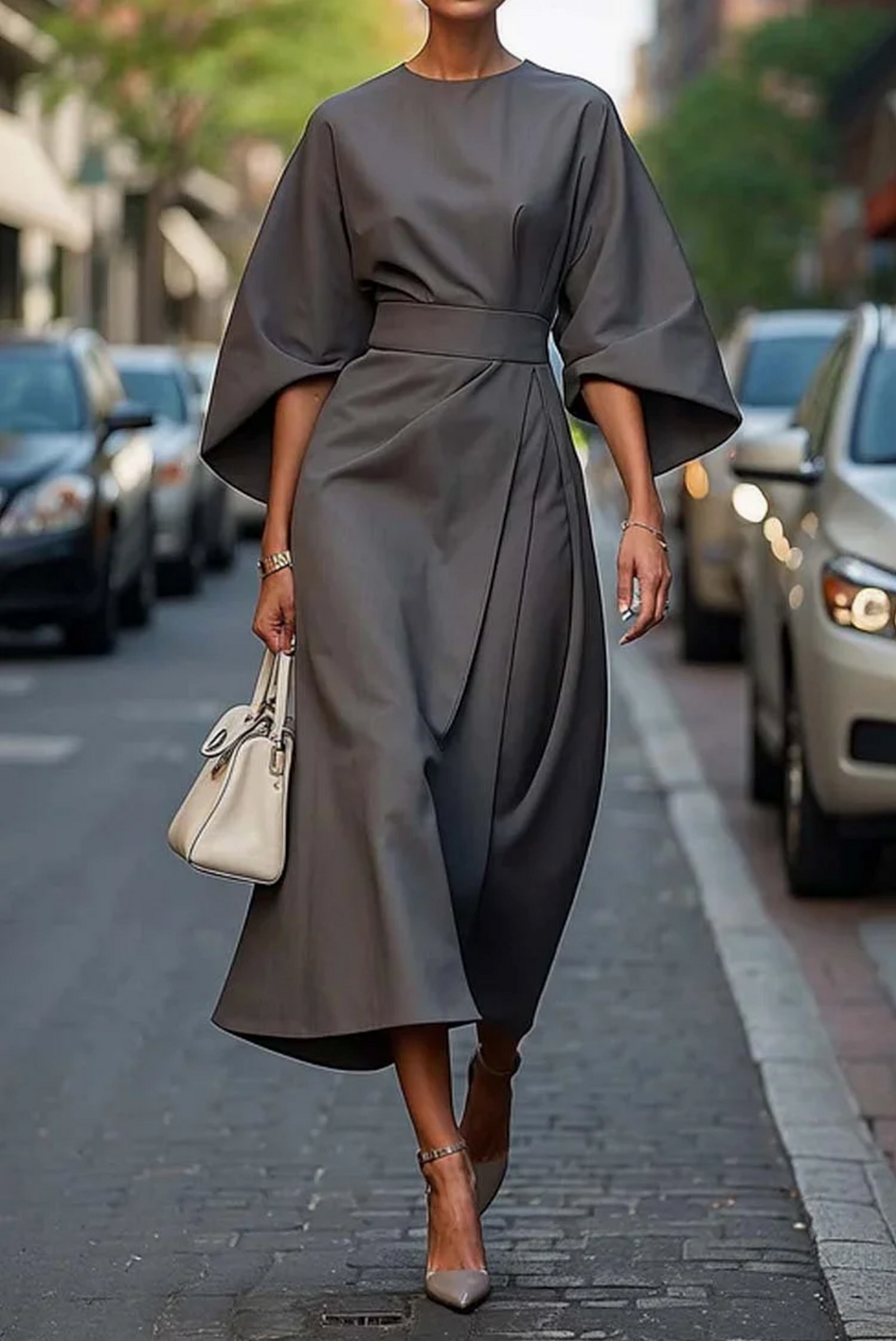 Damska Sukienka z kimono rękawami z paskiem | Midi