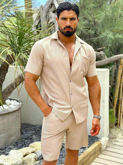 Men’s Textured Summer Co Ord Set Short Sleeve Button Shirt and Tailored Shorts Lightweight Beige Outfit