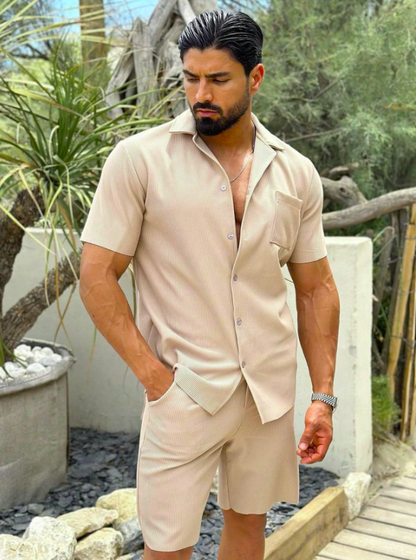 Men’s Textured Summer Co Ord Set Short Sleeve Button Shirt and Tailored Shorts Lightweight Beige Outfit