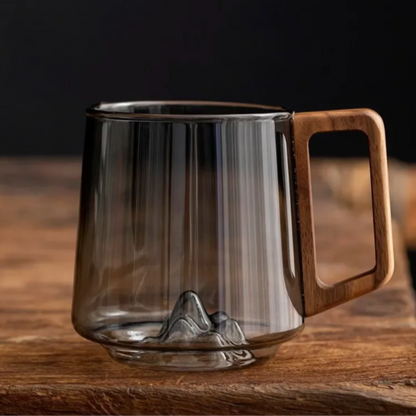 Glass Coffee Mug Borosilicate 4 in Heat-Resistant Mountain Peak Design Wooden Handle Everyday Tea Coffee Cup | Thomler