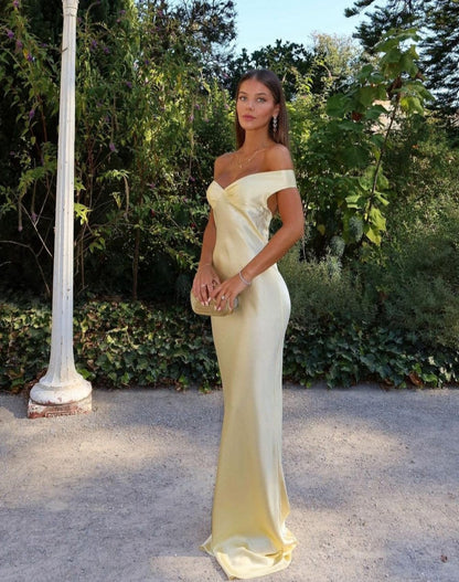 Bonnie - Backless Satin Maxi Off Shoulder Dress