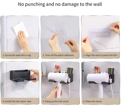 AirKeeper Multifunctional Hair Dryer Holder – No-Drill Wall Mount, Dual-Layer Storage & Silicone Protection