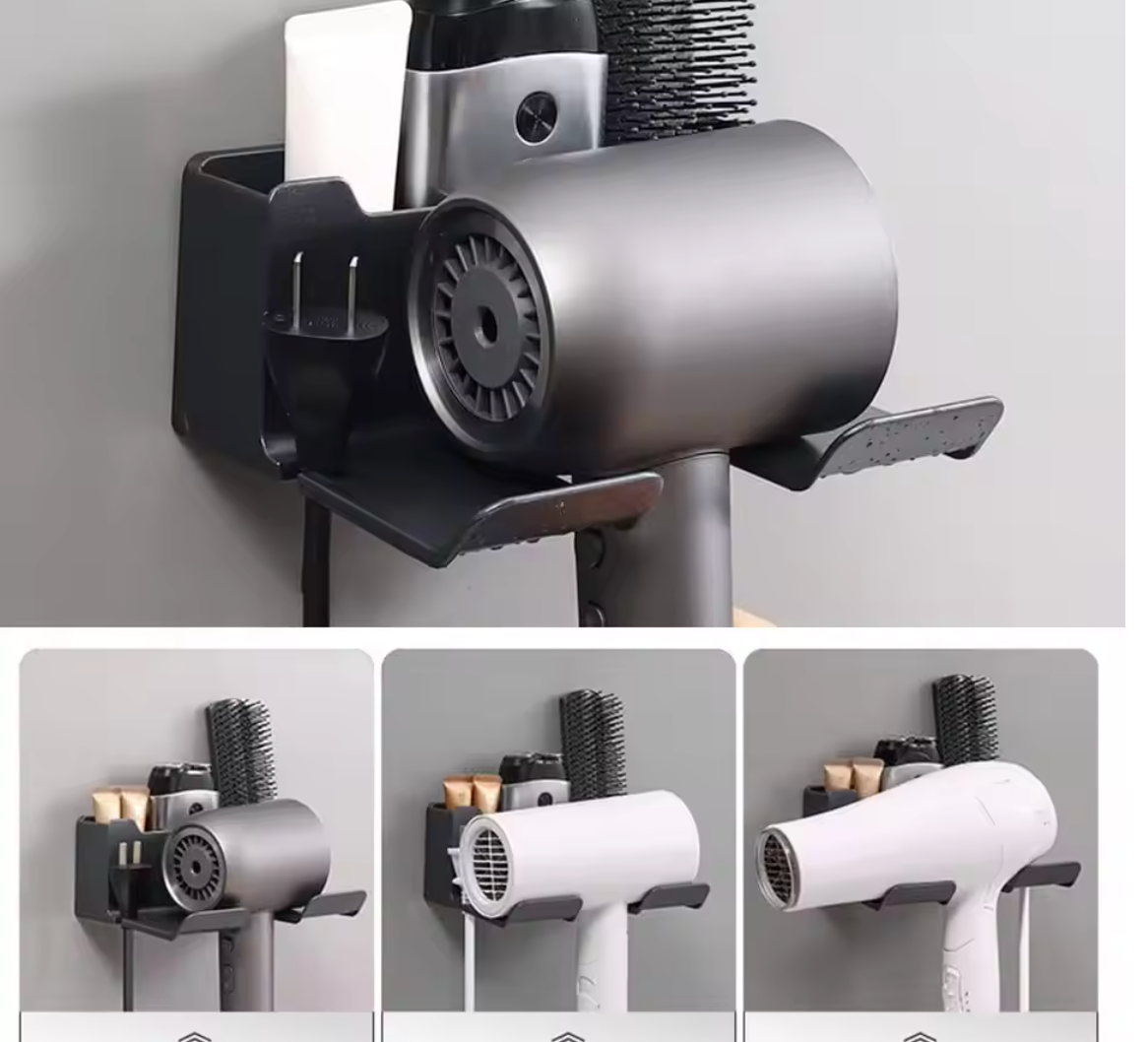 AirKeeper Multifunctional Hair Dryer Holder – No-Drill Wall Mount, Dual-Layer Storage & Silicone Protection