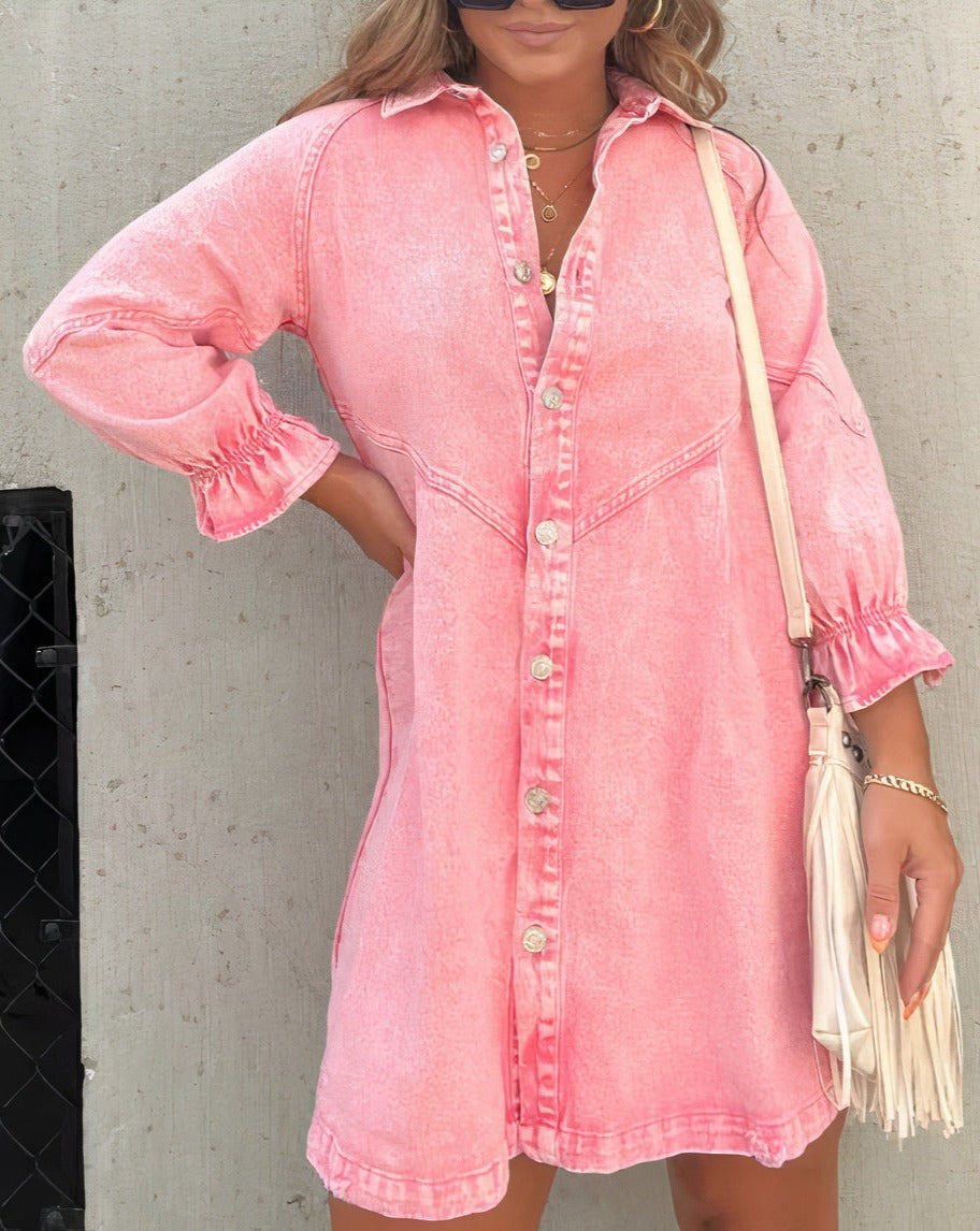 Robe courte en jean à manches longues pour femme – Robe chemise trapèze boutonnée sur le devant