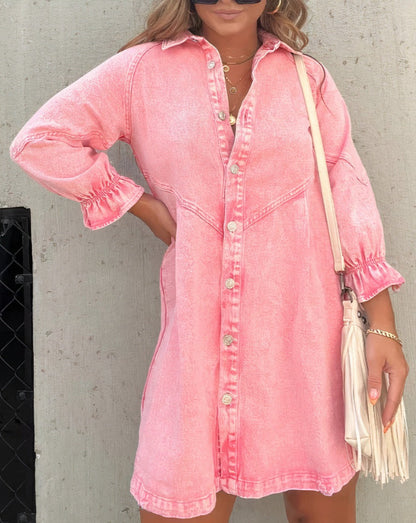 Robe courte en jean à manches longues pour femme – Robe chemise trapèze boutonnée sur le devant