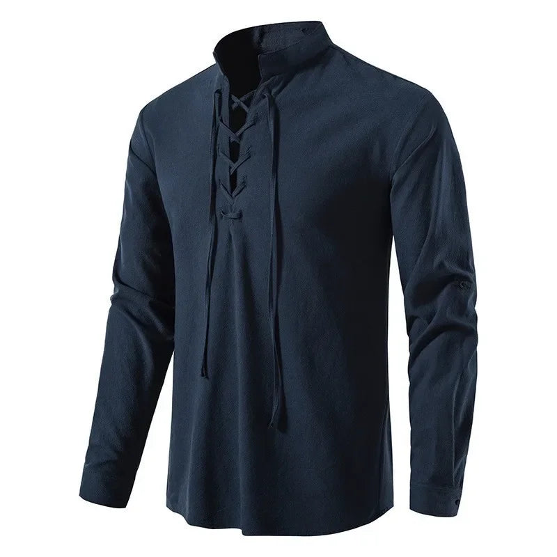 Sommerhemd Herren Relaxed Fit Freizeit mit Bindeband am Ausschnitt