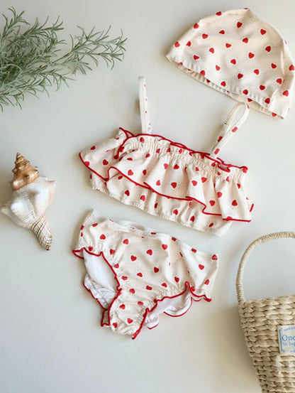 2025 New Girls Swimsuit Heart Printed Ruffle Bikinis Set Children Swimming Suit maillot de bain enfant fille Banadores