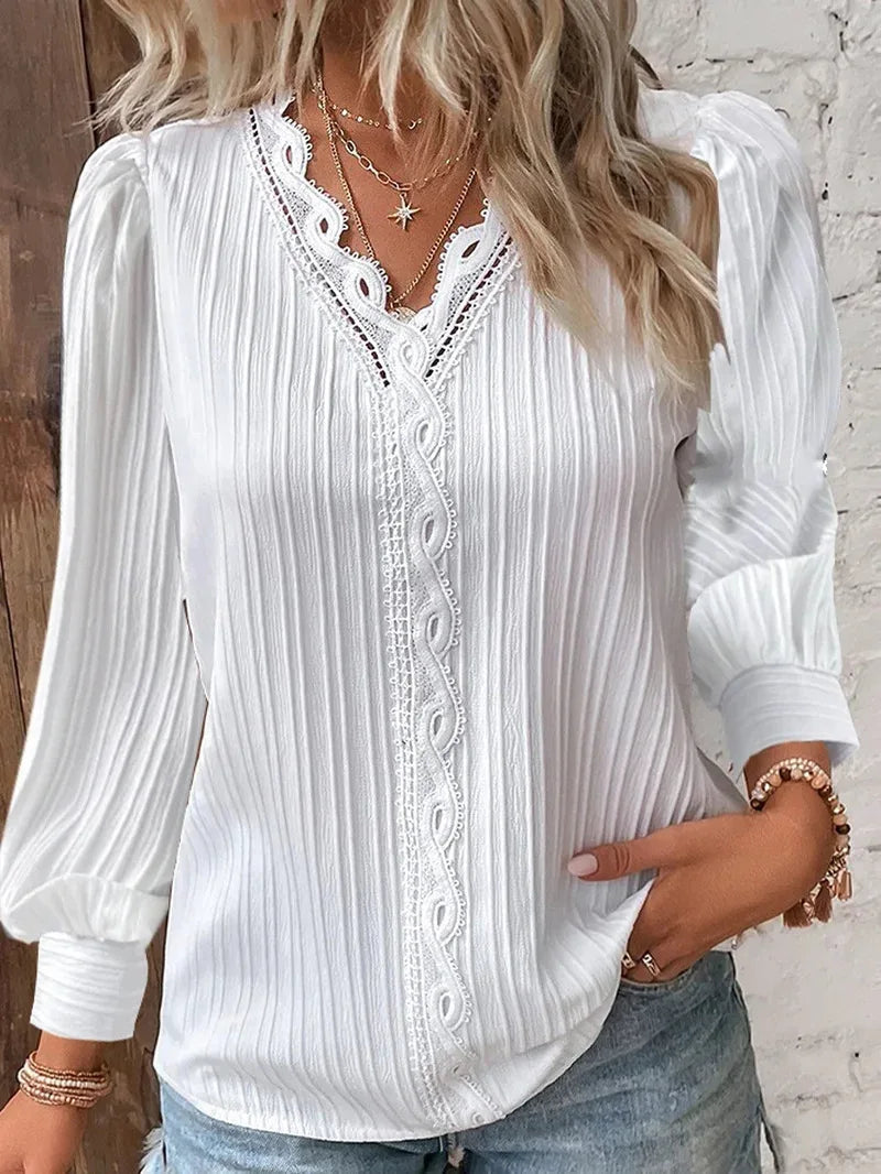 Women’s Lace Trim Blouse – Elegant V-Neck Lightweight Long Sleeve Stylish Feminine Chic Top
