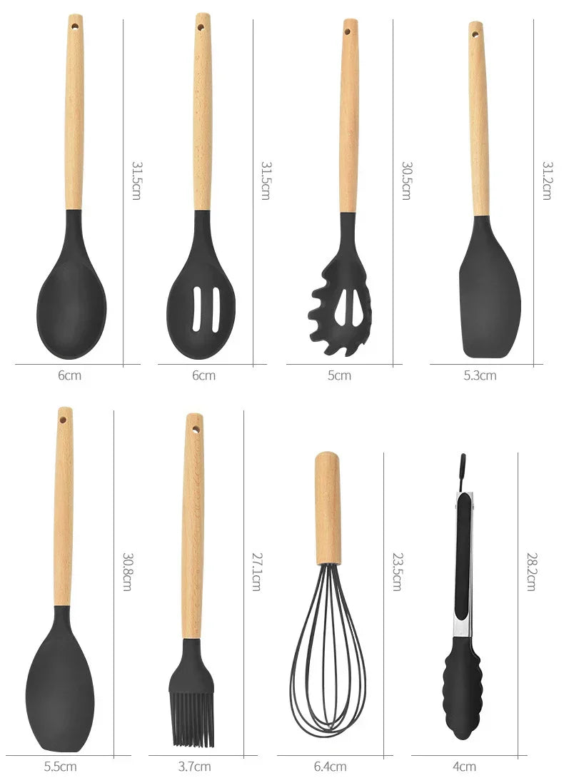 ChefEase – 12-Piece Silicone Kitchen Utensil Set with Wooden Handles