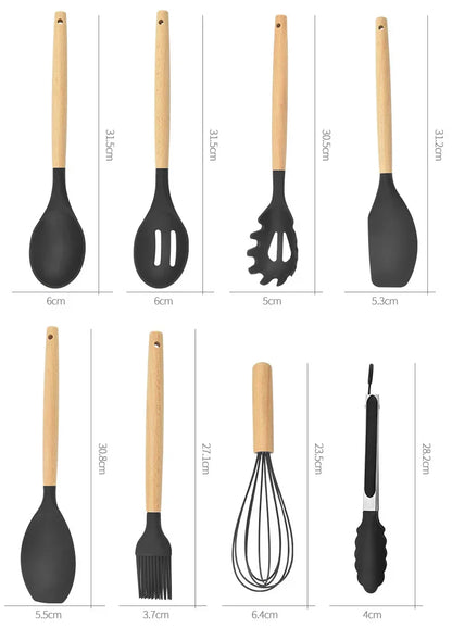 ChefEase – 12-Piece Silicone Kitchen Utensil Set with Wooden Handles